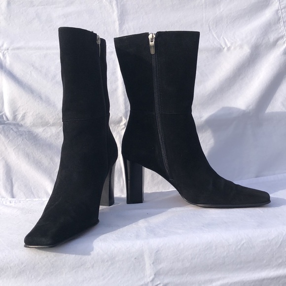 Anne Klein Black Suede Mid Calf High Heel Boots w/Square Toe - Picture 14 of 16